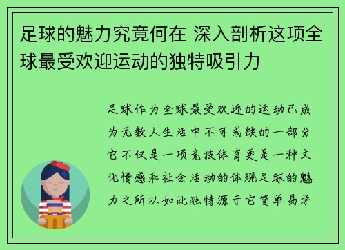 足球的魅力究竟何在 深入剖析这项全球最受欢迎运动的独特吸引力