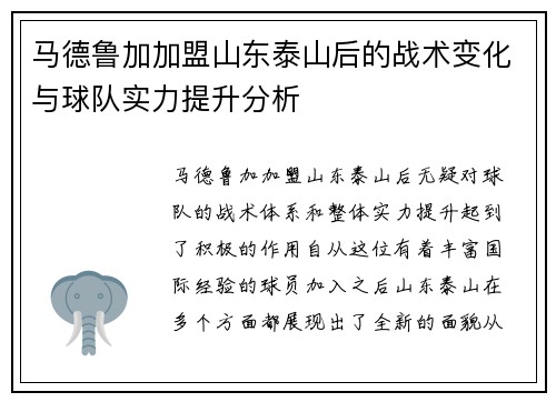马德鲁加加盟山东泰山后的战术变化与球队实力提升分析