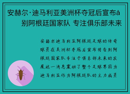 安赫尔·迪马利亚美洲杯夺冠后宣布告别阿根廷国家队 专注俱乐部未来